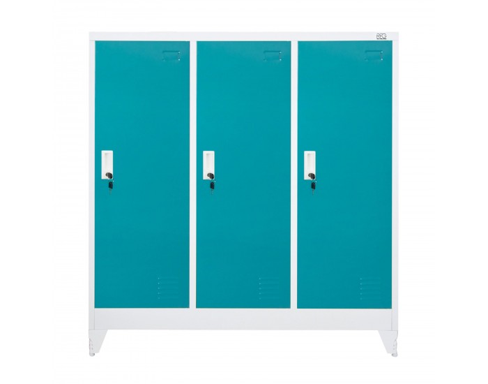 Гардероб RFG, метален, троен, с три врати, 120 х 40 х 120 cm, бял, с тюркоазени врати