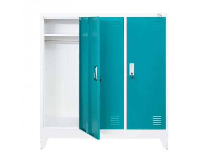 Гардероб RFG, метален, троен, с три врати, 120 х 40 х 120 cm, бял, с тюркоазени врати
