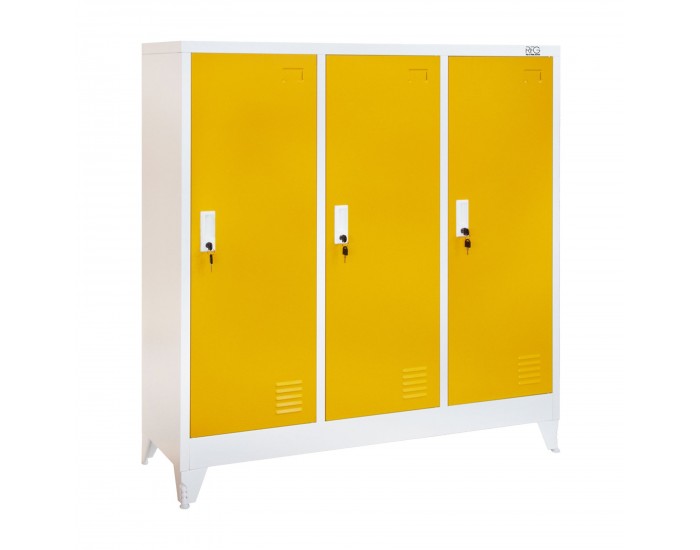 Гардероб RFG, метален, троен, с три врати, 120 х 40 х 120 cm, бял, с жълти врати