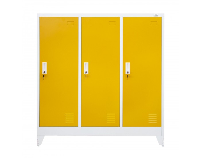 Гардероб RFG, метален, троен, с три врати, 120 х 40 х 120 cm, бял, с жълти врати