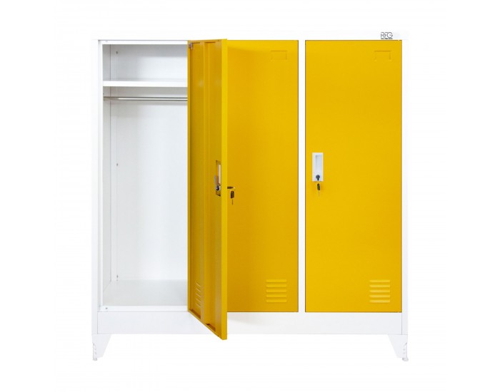 Гардероб RFG, метален, троен, с три врати, 120 х 40 х 120 cm, бял, с жълти врати