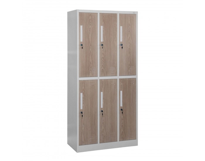 Гардероб RFG, троен, метален, с 6 врати, 900 х 450 х 1850 mm, кехлибарен дъб и бяло