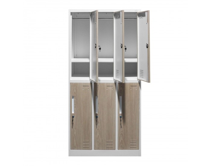 Гардероб RFG, троен, метален, с 6 врати, 900 х 450 х 1850 mm, кехлибарен дъб и бяло