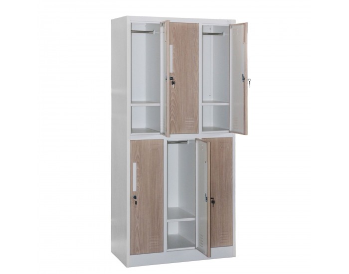 Гардероб RFG, троен, метален, с 6 врати, 900 х 450 х 1850 mm, кехлибарен дъб и бяло