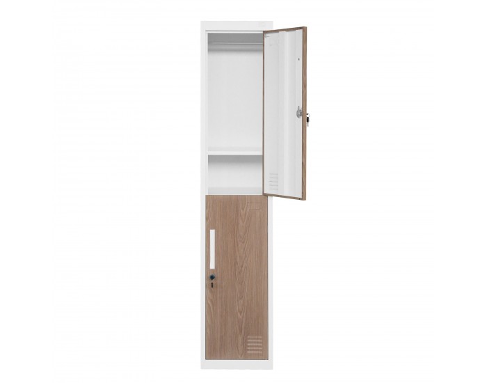 Гардероб RFG, единичен, метален, с две врати, 380 х 450 х 1850 mm, кехлибарен дъб и бяло