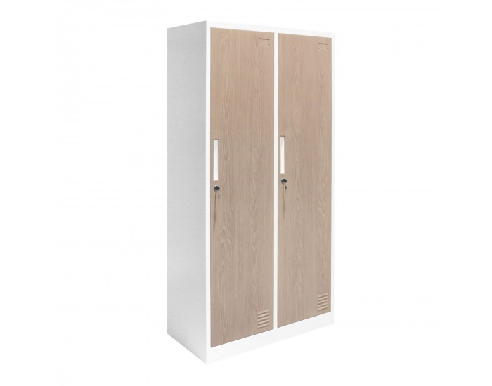 Гардероб RFG, двоен, метален, 900 х 450 х 1850 mm, кехлибарен дъб и бяло
