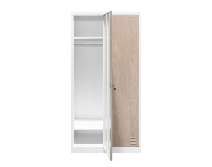 Гардероб RFG, двоен, метален, 900 х 450 х 1850 mm, кехлибарен дъб и бяло