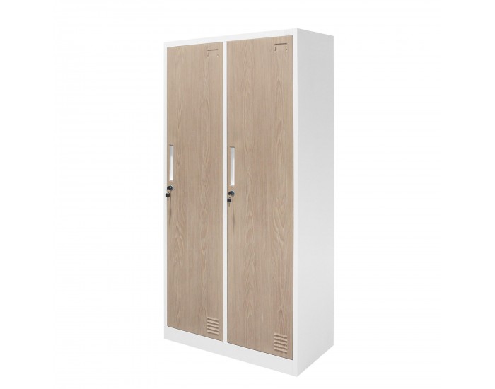 Гардероб RFG, двоен, метален, 900 х 450 х 1850 mm, кехлибарен дъб и бяло