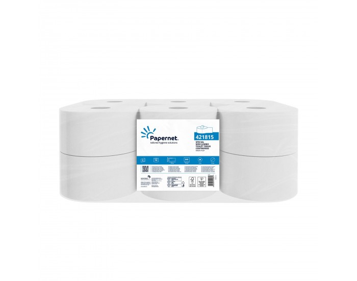 Тоалетна хартия Papernet Special, Mini Jumbo Centrefeed, двупластова, 840 къса, 12 броя, 210 m