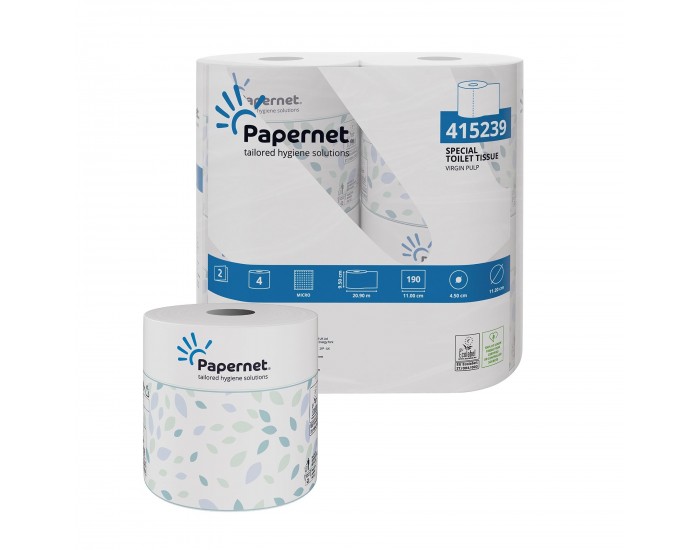 Тоалетна хартия Papernet, двупластова, целулозна, 190 къса, 20.9 m, 4 броя