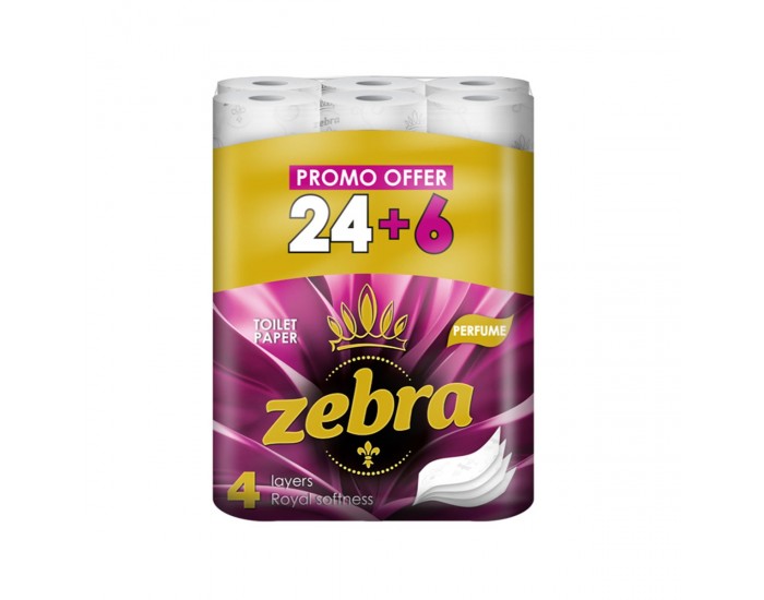 Тоалетна хартия Zebra Perfume, четирипластова, 130 къса, 24+6 броя