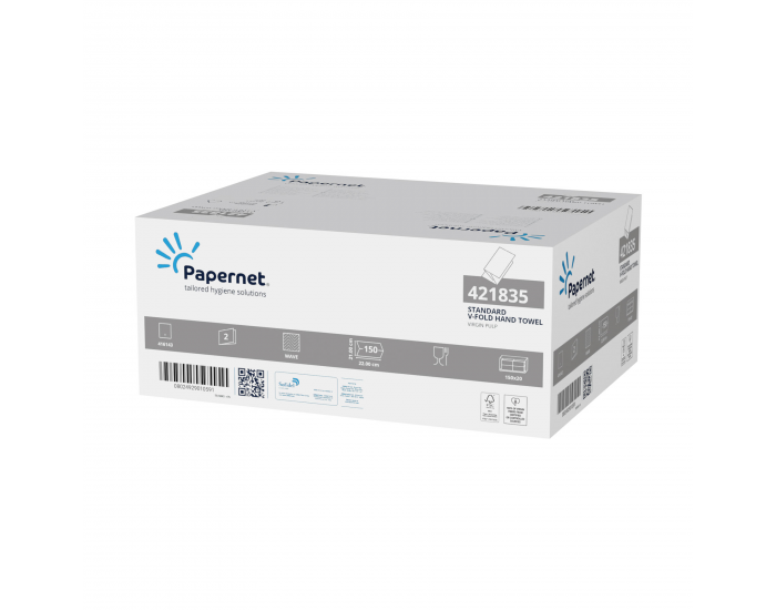 Кърпи за ръце Papernet Standard, V-сгъвка, двупластови, 22 x 21 cm, 150 къса, 20 броя