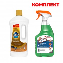 Препарат за почистване на под Pronto и дървени настилки Wood, 1 L, в комплект с Mr.Muscle Препарат за стъкла и прозорци, 750 ml, 1.75 l - Продукти за баня и WC