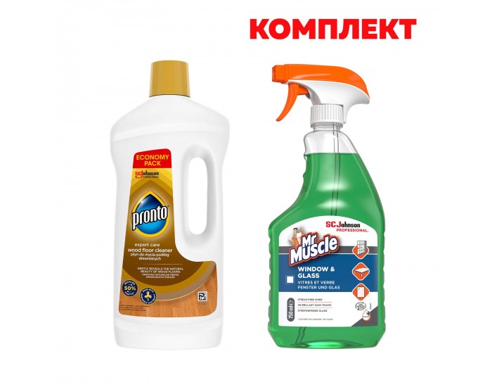 Препарат за почистване на под Pronto и дървени настилки Wood, 1 L, в комплект с Mr.Muscle Препарат за стъкла и прозорци, 750 ml, 1.75 l