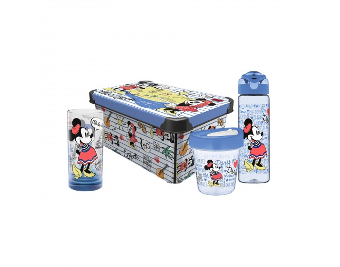 Disney Комплект Travel, кутия за съхранение 5 L, чаша за пътуване 350 ml, бутилка за пътуване 630 ml, стъклена чаша 300 ml, сини