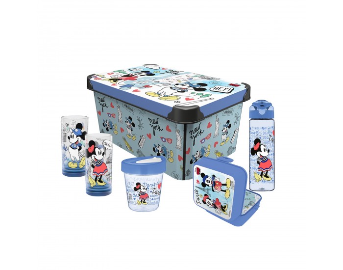 Disney Комплект Travel, кутия за съхранение 10 L, кутия 1 L, чаша за пътуване 350 ml, бутилка за пътуване 630 ml, 2 стъклени чаши 300 ml, сини