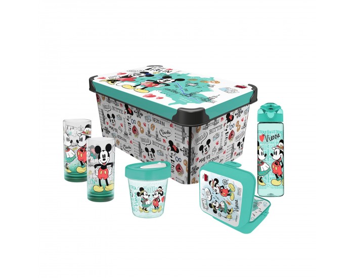 Disney Комплект Travel, кутия за съхранение 10 L, кутия 1 L, чаша за пътуване 350 ml, бутилка за пътуване 630 ml, 2 стъклени чаши 300 ml, зелени
