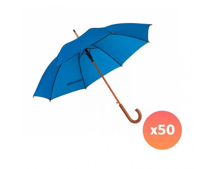 Office 1 Чадър, автоматичен, с извита дървена дръжка, 103 cm, с брандиране, син, 50 броя