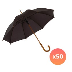 Office 1 Чадър, автоматичен, с извита дървена дръжка, 103 cm, с брандиране, черен, 50 броя - Аксесоари за пътуване