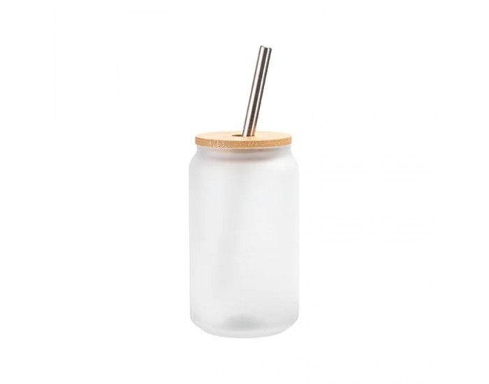 BESTSUB Чаша Frost, стъклена, с бамбуков капак и сламка, 400 ml