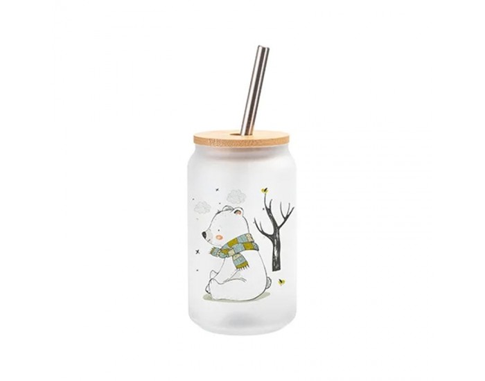 BESTSUB Чаша Frost, стъклена, с бамбуков капак и сламка, 400 ml
