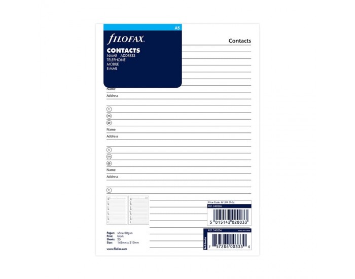 Filofax Пълнител за органайзер, A5, за имена, адреси и телефони
