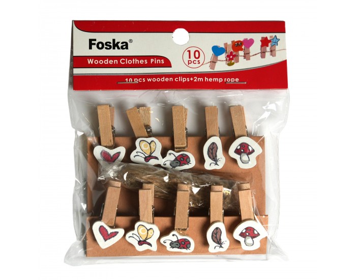 Foska Щипки, дървени, с цветни орнаменти, 35 х 7 mm, 10 броя