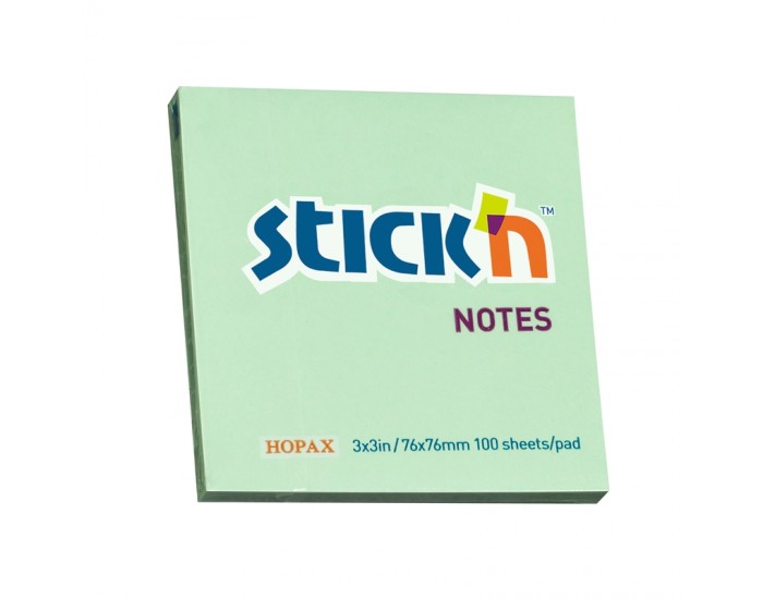 Stick'n Самозалепващи листчета, 76 x 76 mm, пастелни, зелени, 100 листа