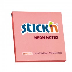 Stick'n Самозалепващи листчета, 76x76 mm, неонови, розови, 100 листа - Stick`n