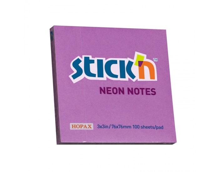 Stick'n Самозалепващи се листчета, 76x76 mm, неонови, виолетови, 100 листа