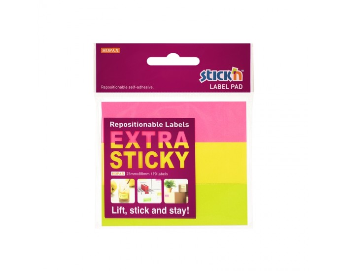 Stick'n Самозалепващи листчета, тип етикет, 25 x 88 mm, неонови, 3 цвята, 90 листа