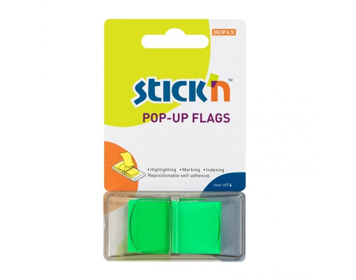Stick'n Самозалепващи индекси, PVC, 45 x 25 mm, зелени, 50 броя
