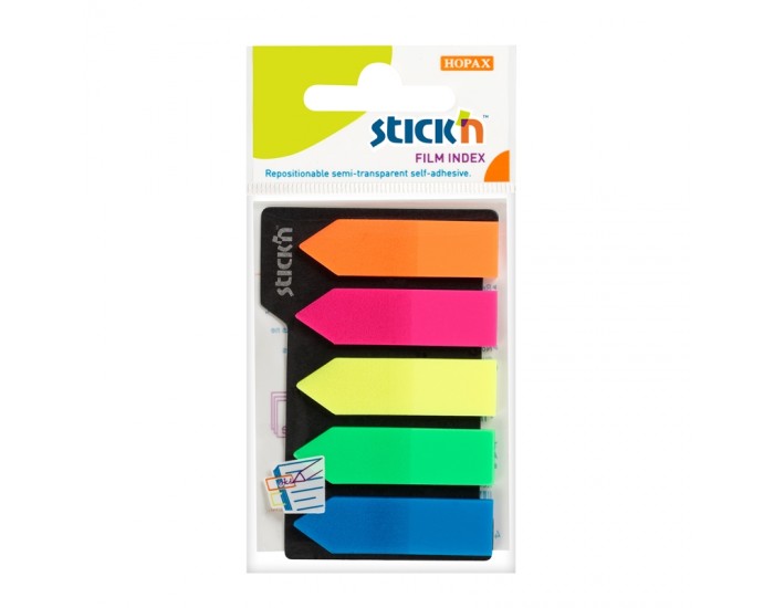 Stick'n Самозалепващи индекси, с форма на стрелка, PVC, 42 x 12 mm, 5 цвята, 125 броя