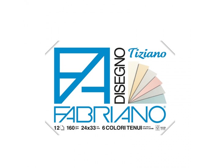 Fabriano Блок за рисуване Tiziano, 24 x 33 cm, 160 g/m2, пастелни цветове, грапав, с ъгли, 6 цвята, 12 листа Fabriano Блок за рисуване Tiziano, 24 x 33 cm, 160 g/m2, пастелни цветове, грапав, с ъгли, 6 цвята, 12 листа