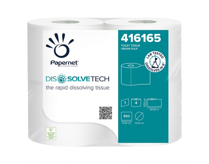 Papernet Тоалетна хартия, Dissolvetech, целулоза, еднопластова, 850 къса, 4 броя Papernet Тоалетна хартия, Dissolvetech, целулоза, еднопластова, 850 къса, 4 броя