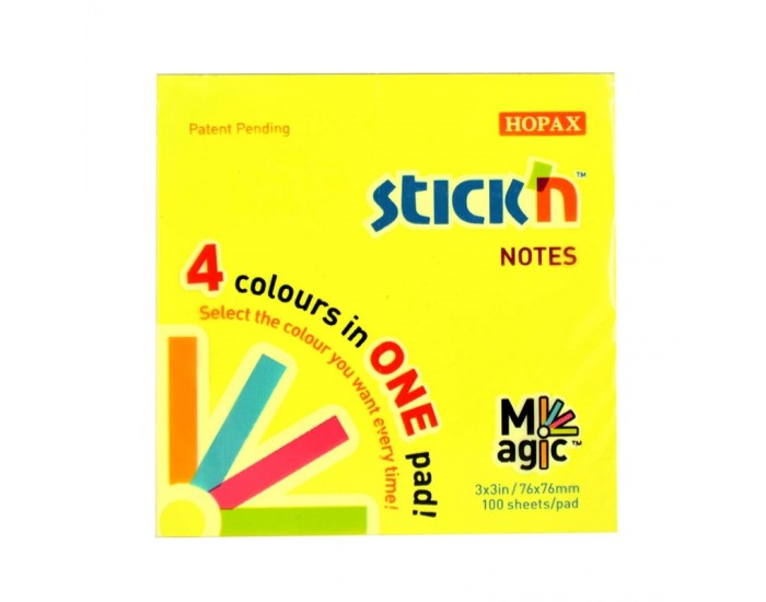 Stick'n Самозалепващи се листчета Magic, 76 x 76 mm, 4 цвята, 100 листа