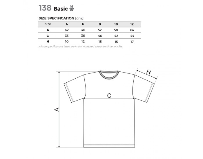 Malfini Детска тениска Basic 138, размер 110 cm, възраст 4 години, бяла