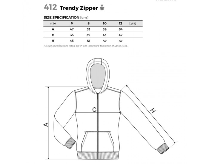 Malfini Детски суитшърт Zipper 412, поларен, размер 122 cm, възраст 6 години, черен