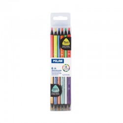Milan Цветни моливи Triangular Bicolour Fluo-metal, 6 броя, 12 цвята - Канцеларски материали