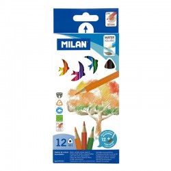 Milan Цветни акварелни моливи Triangular, 12 цвята, с включена четка - Milan