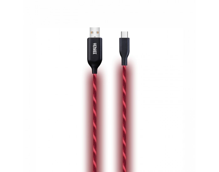 Yenkee Кабел 341 RD, USB Male към USB-C Male, LED, 1 m, червен