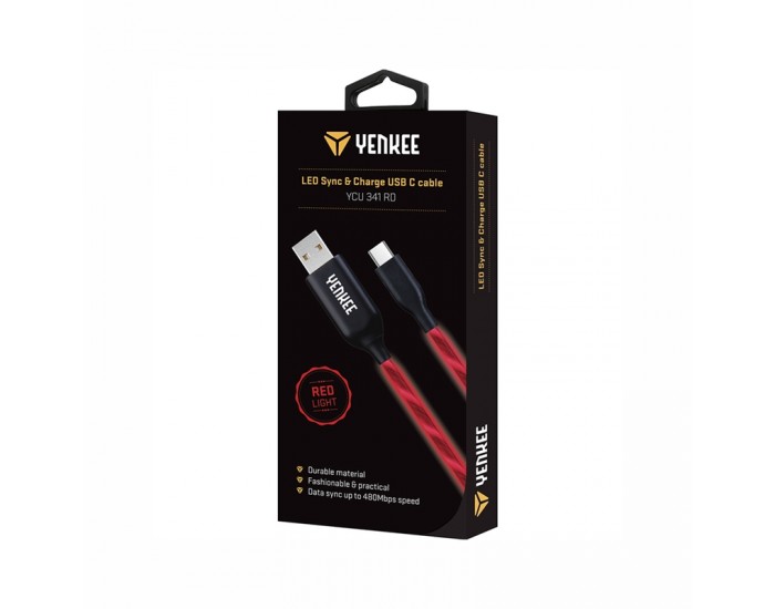 Yenkee Кабел 341 RD, USB Male към USB-C Male, LED, 1 m, червен