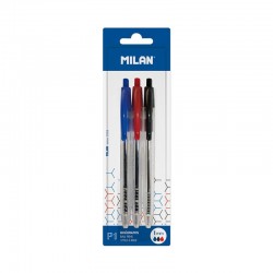 Milan Химикалка P1, автоматична, 3 цвята, 3 броя в блистер - Канцеларски материали