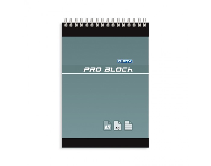 Gipta Тефтер Pro-Block, А7, бяла хартия, широки редове, картонена корица, със спирала, 40 листа