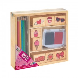 Grafix Комплект дървени печати и цветни моливи, в кутия, розови - Grafix