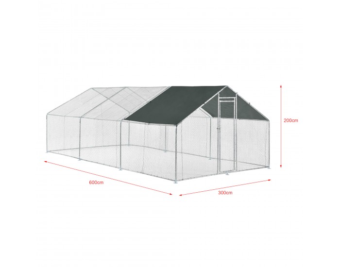 Клетка за птици, Сребрист, с тента, поцинкована стомана, 3 x 6 x 2 m
