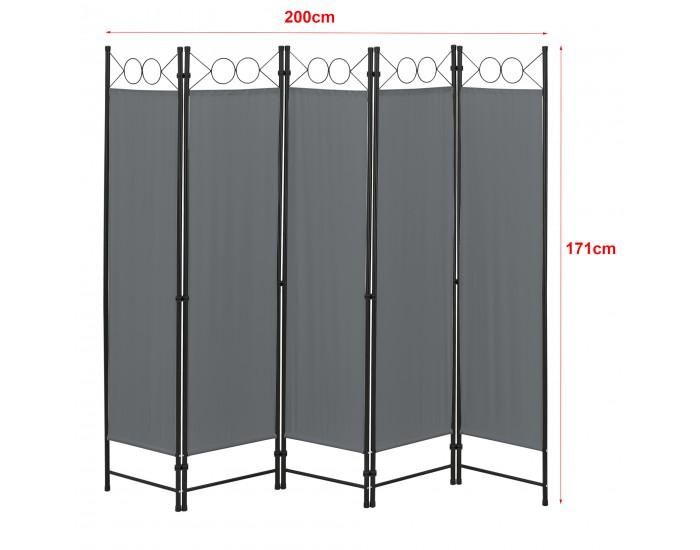 Разделител за стая Zaragoza, пет части, размери 200x171 см,  тъмно сив цвят