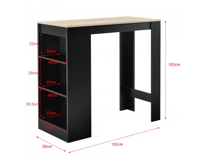 Елегантна бар маса с плот за напитки, 110 x 50 x 103 cm, Черна/Ефект Дъб