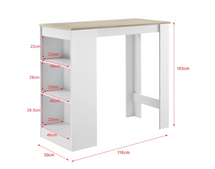 Елегантна бар маса с плот за напитки, 110 x 50 x 103 cm, Бяла/Ефект Дъб