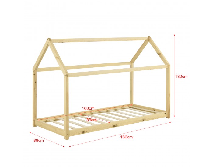 Детско легло дизайн Къщичка, 80 х 160 см., Естествен бор